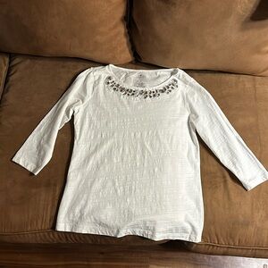 Immaculate long sleeved white shirt with lovely bling neckline